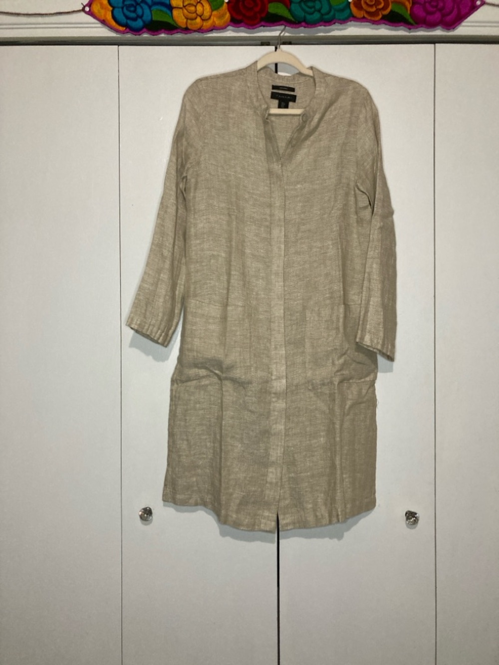 Tahari Beige Long Linen Duster Jacket Old Money Quiet Luxury Beachy Coastal S